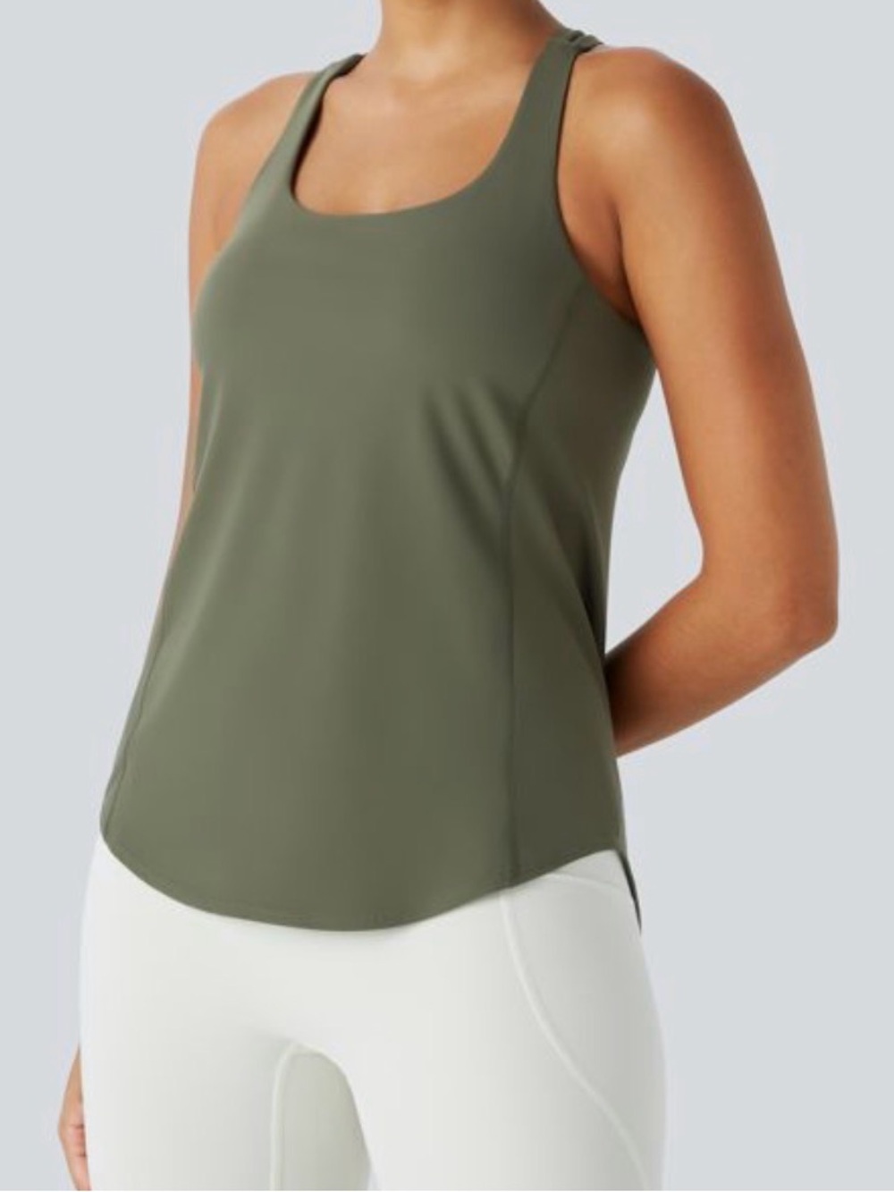 HALARA High-Waist Olive Green Leggings and Matching Shirt with Built in Bra - Picture 7 of 14